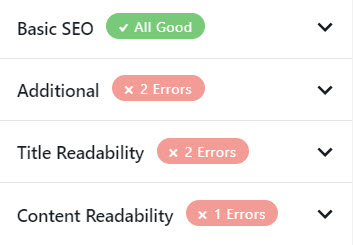 All the tips from RankMath SEO that teach what errors to fix to get closer to that elusive 100% SEO tick list goal.