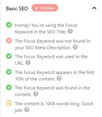 RankMath SEO Basic SEO tips showing that I've ticked all but one key point in my basic SEO ticklist.