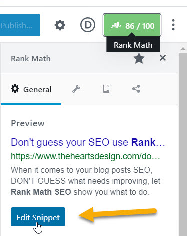 Screenshot sharing how and where to edit the SEO Description Snippet using RankMath.