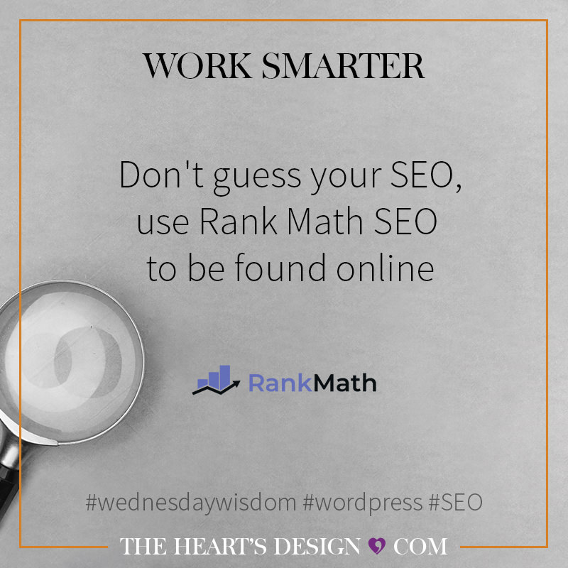 Blog Post Graphic sharing the title Don't guess your SEO, use Rank Math SEO to be found online. A square sharable graphic.